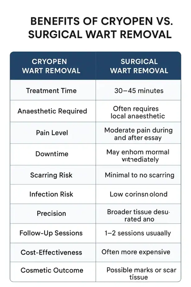Table showing the benefits of cryopen to remove warts Canary Wharf compared to surgical treatment